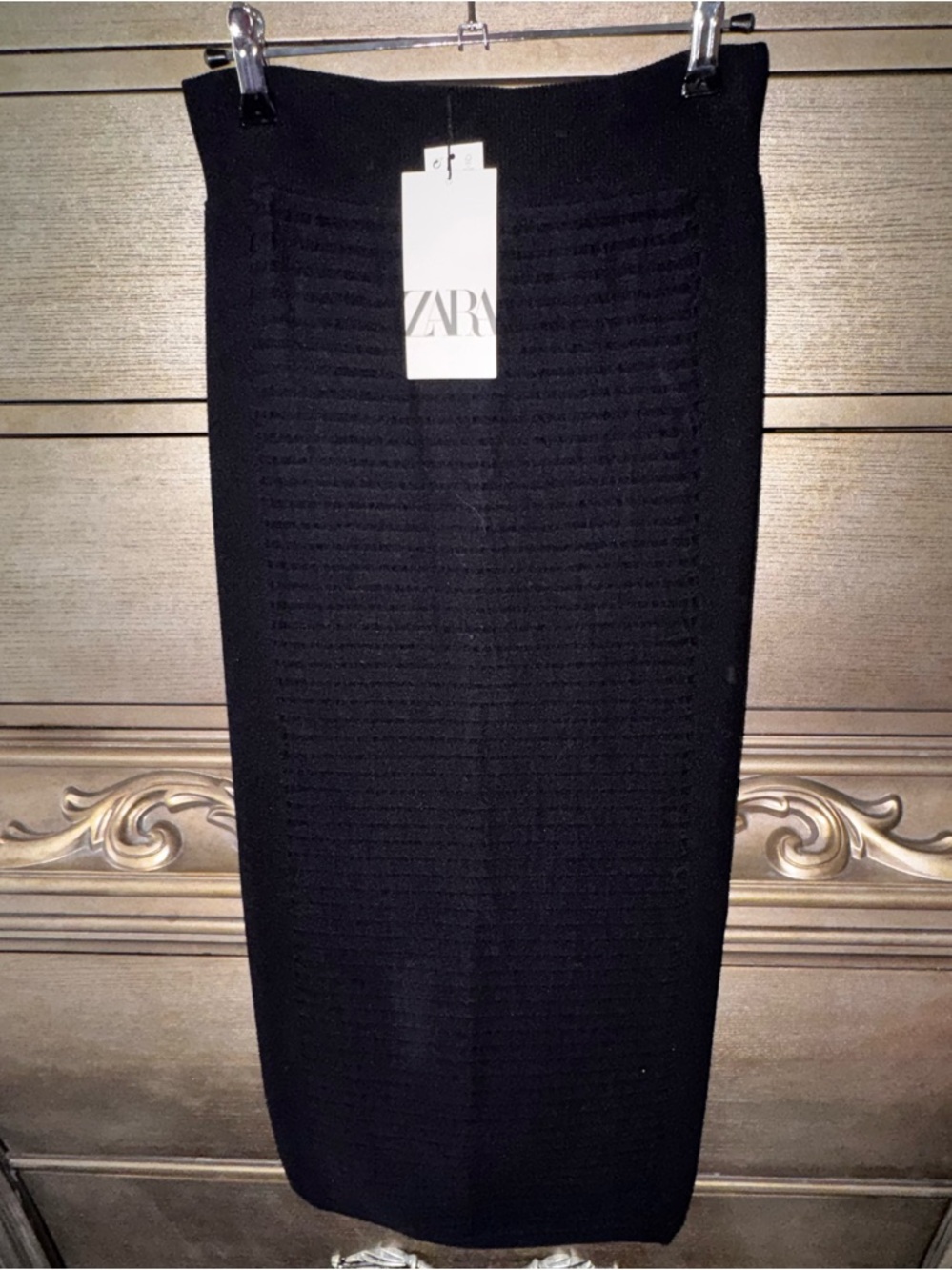 Zara Black Ribbed Knit Midi Pencil Skirt